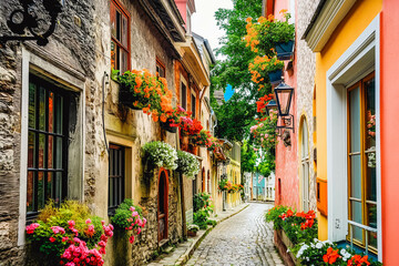 A charming cobblestone alleyway lined with historic buildings and colorful flower boxes, perfect for capturing the essence of old-world charm.