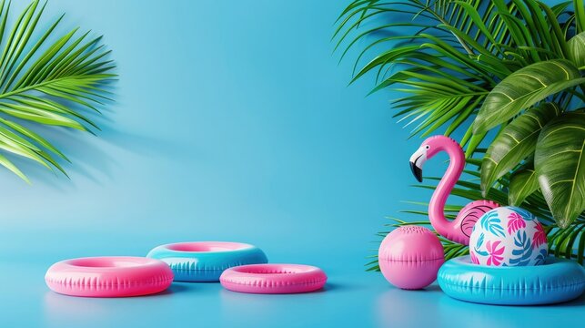 bright, summer, attractive advertising template, poster, sale flyer with space for text. Inflatable rings of blue, pink flowers, pink flamingos with tropical palm leaves on a blue background - Powered by Adobe