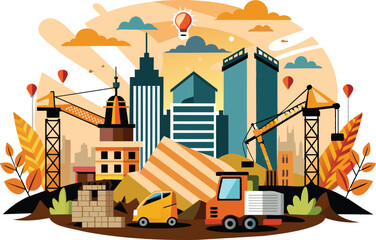 Naklejka premium Construction site banner, flat illustration, vector illustration.