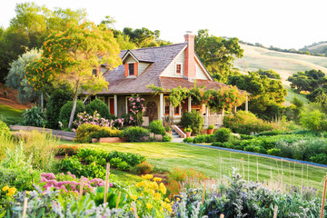 Obraz premium A charming country cottage nestled among colorful gardens and surrounded by rolling hills, evoking a sense of idyllic rural life.