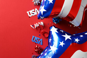 4th of July, USA Presidents Day, Independence Day concept. Flat lay composition with foil balloons...