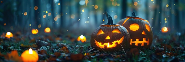 Halloween Pumpkin Head with Carved Scary Smiling Face at Night Outside. Jack-O-Lantern, Burning Candles Outdoor. Halloween Dark Composition Backyard Decor. Pumpkins Black Background. All Saints Day