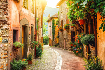Fototapeta premium A charming European village with cobblestone streets and historic architecture, perfect for capturing the essence of Old World charm.