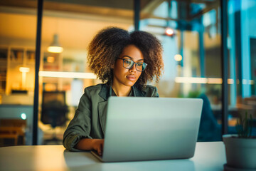 A confident young Afro-American woman typing on her laptop in a modern office flooded with natural light, her determined expression illuminated by the glow of her computer screen.