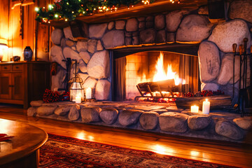 A cozy fireplace with crackling flames casting a warm glow over a living room, inviting relaxation and comfort.