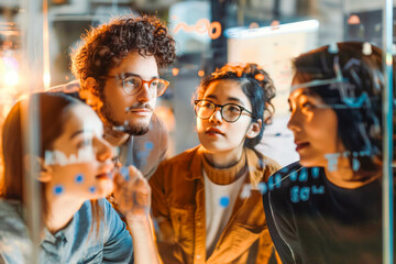 Obraz premium A diverse team of coworkers collaborating on a project in a glass-walled office pod, their diverse perspectives and backgrounds contributing to creative problem-solving.