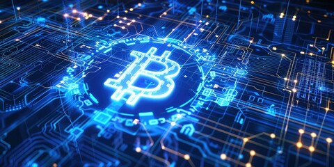Fototapeta premium a image of a bitcoin on a circuit board with blue lights