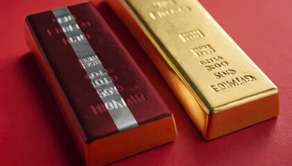 A gold bar with the Latvia flag imprinted on it sits next to a plain gold bar on a red background, representing economic strength and patriotism