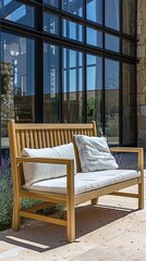 Fototapeta premium a modern simple light wood bench with pillows outside a modern house with a vertical slat exterior.