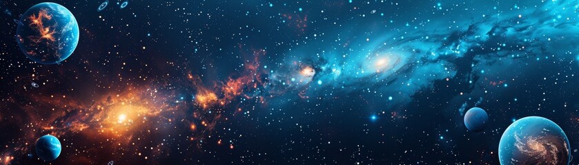 Stunning view of the galaxy with colorful nebulae, distant stars, and planets in the vast outer space.