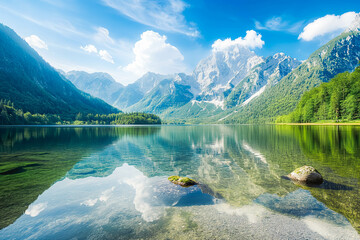 A peaceful mountain lake surrounded by towering peaks and reflected in the glassy surface of the water, offering a sense of serenity.
