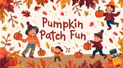 Fototapeta premium Autumn themed children's illustration, children playing with pumpkins, decorated with dry leaves.
