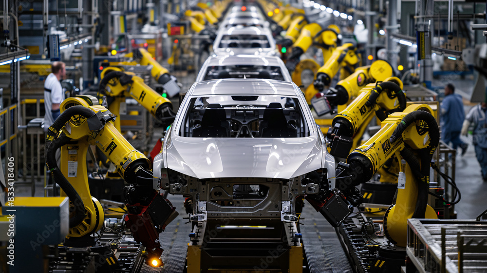 Poster a line of robots are working on a car in a factory