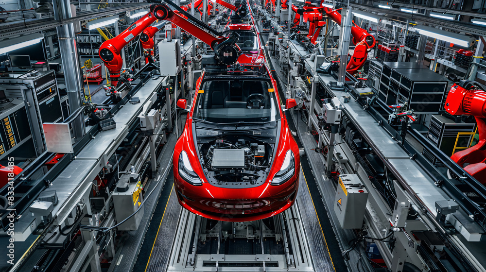Poster a line of robots are working on a car in a factory