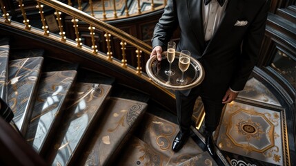 Champagne Elegance: A Butler on Marble Stairs, Holding a Tray of Champagne Glasses, Showcasing the Grand Opulence of Luxurious Living.