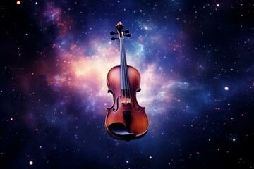 Fototapeta premium Classic violin floats mystically against a backdrop of a vibrant cosmic galaxy filled with stars