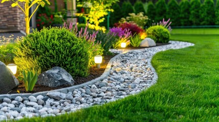 a beautifully lit outdoor garden with landscape lighting highlighting the pathways and plants.