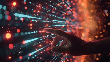 Hand touching a spinning data flow, data flow processing visualization background