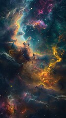 Obraz premium This image features a stunning nebula with swirling clouds of gas and dust in vibrant shades of blue, yellow, and purple, illuminated by stars, set against the dark, expansive backdrop of space.