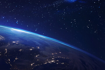 View of Earth from space showing illuminated city lights with a starry background