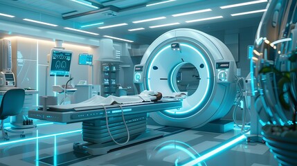 Illustrate a futuristic diagnostic lab with advanced imaging technologies like AI-enhanced MRI and CT scanners