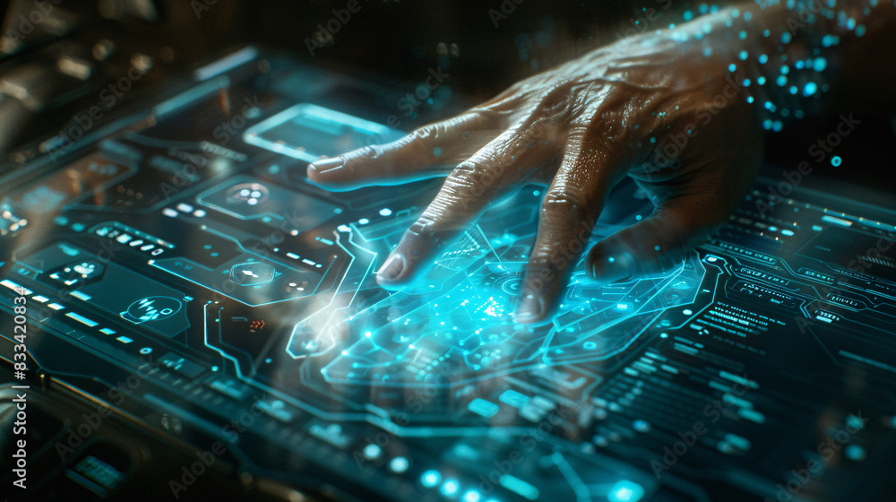 Poster a hand is touching a screen. concept of curiosity and exploration, as if the hand is reaching out to