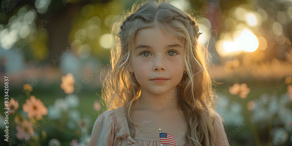 Poster child holding a small american flag during a memorial day event with the larger flag in the backgrou