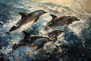 Graceful Dolphins Leaping Joyfully Through Sparkling Ocean Waves in Detailed Oil Painting Technique