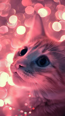 Fototapeta premium close-up image of a cat's face illuminated by a dreamy pink light