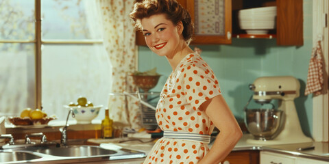Retro Kitchen Scene With Smiling Housewife In Polka Dot Dress. Vintage Style Woman, 1950s Inspired Kitchen Portrait
