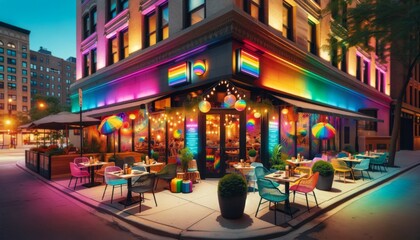 A restaurant exterior with rainbow-colored lights 
