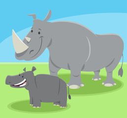 funny cartoon rhinoceros animal character with baby rhino