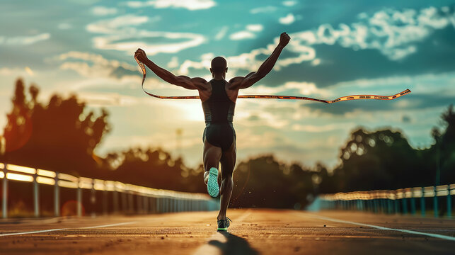 An athlete crossing the finish line with his arms raised
