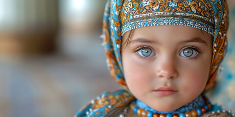 closeup of child wearing traditional Islamic cap holding prayer bead necklace mosque background captured macro lens emphasize details cultural significance using HDR techniques for depth and vibrancy