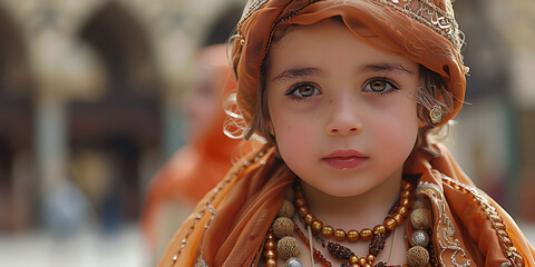 closeup of child wearing traditional Islamic cap holding prayer bead necklace mosque background captured macro lens emphasize details cultural significance using HDR techniques for depth and vibrancy