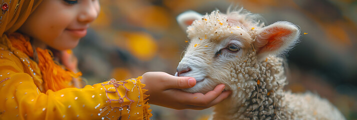 Obraz premium closeup of a child's hand petting a lamb at an EidalAdha festival captured with a macro lens to highlight the interaction and the tenderness of the moment using vibrant color processing