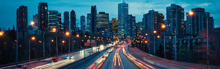 Obraz premium Light flow of traffic on evening city highway