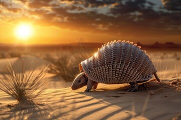 Armored mammal traversing the ground as sun sets in the background