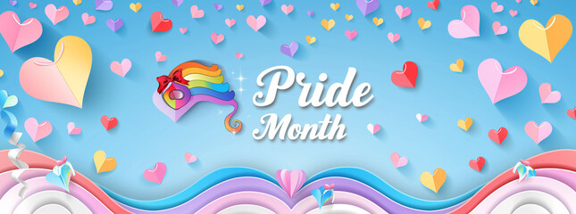 pride month background and rainbow colors on blue banner for pride celebration or lgbt festival. Vector illustration of colorful wave, hearts, pink ribbon and abstract design elements.