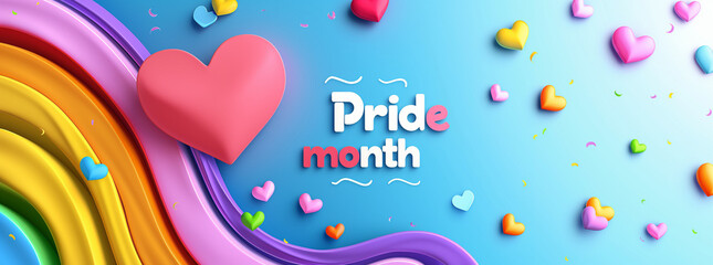 pride month background and rainbow colors on blue banner for pride celebration or lgbt festival. Vector illustration of colorful wave, hearts, pink ribbon and abstract design elements.