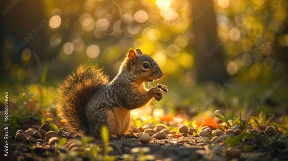 Poster a tiny fox squirrel enjoying nuts while basking in the sunlight