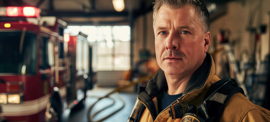Fototapeta premium Confident firefighter in uniform standing in a fire station with a fire truck in the background, showcasing dedication and bravery, ideal for emergency services and heroism themes.