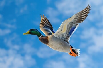 Obraz premium A duck soaring through the air with its wings spread wide, perfect for illustrating freedom or nature scenes
