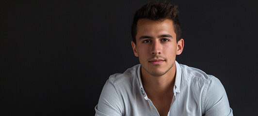 Obraz premium Portrait of a confident young man in a white shirt against a dark background, showcasing a serious and focused expression, ideal for professional and corporate uses.