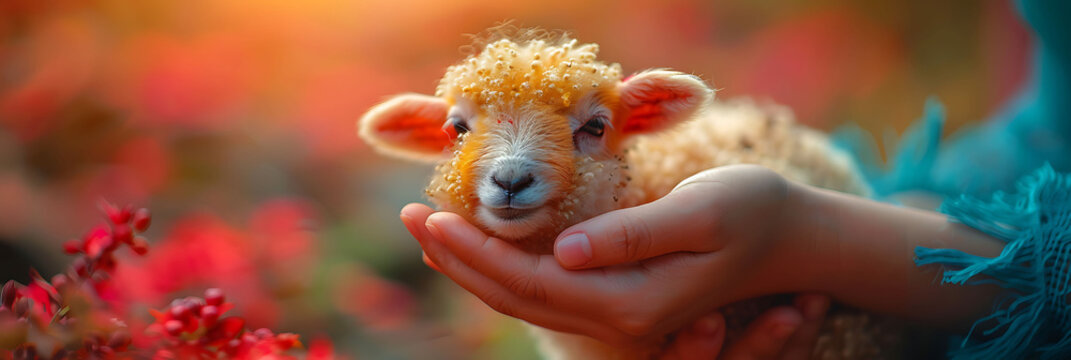 closeup of a child's hand petting a lamb at an EidalAdha festival captured with a macro lens to highlight the interaction and the tenderness of the moment using vibrant color processing