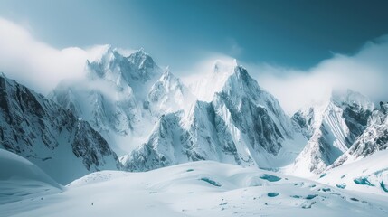 snow-capped mountain peaks touch the sky as rugged terrain stretches far and wide, with crevices and ice walls awaiting brave climbers.