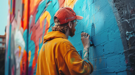 Street artist painting a colorful mural on a city wall