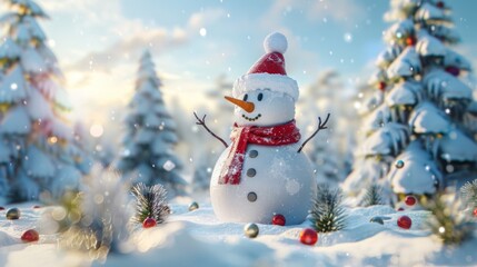Fototapeta premium Joyful snowman surrounded by evergreen trees and festive decorations stands alone in a serene winter wonderland against a pristine snow-covered background.