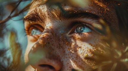 A close-up shot of a person's face featuring distinctive freckles