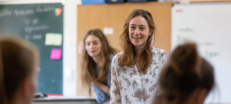 Smiling young teacher engaging with students in a bright classroom, fostering a positive learning environment and promoting educational success with enthusiasm and dedication.